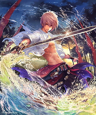 pink-haired male character with sword weapon digital wallpaper, abs, anime, anime boys, Shadowverse