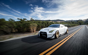 white coupe, car, Nissan GT-R