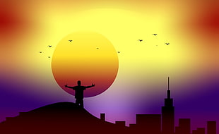 silhouette of a man, bird and sun illustration HD wallpaper