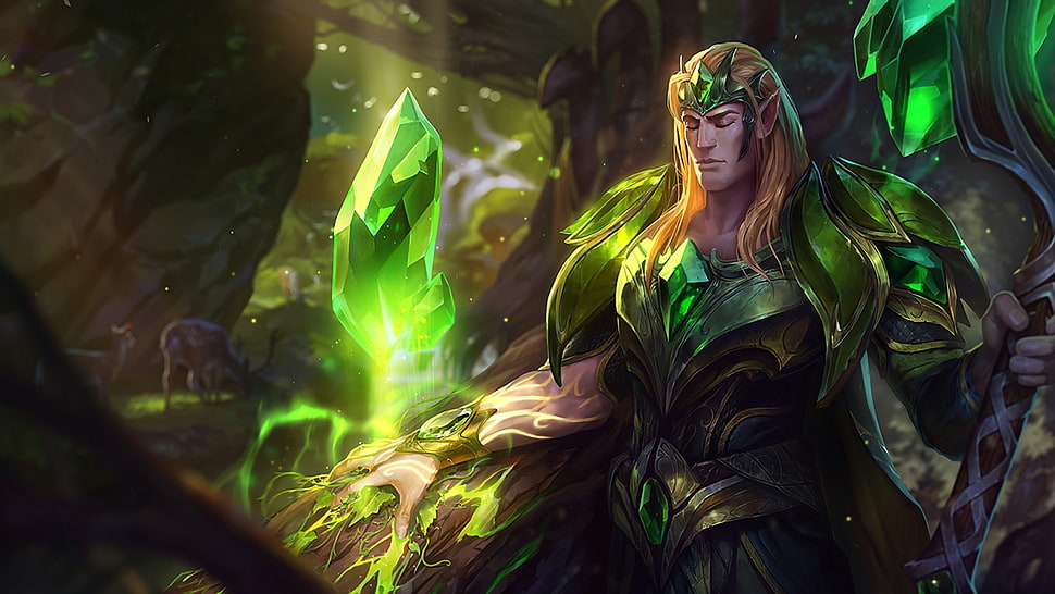 green and black floral textile, League of Legends, Taric HD wallpaper