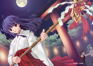 purple-haired woman anime character in white and red kimono holding brown staff near torii gate during nighttime