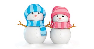 two pink and blue Snowmen on white background