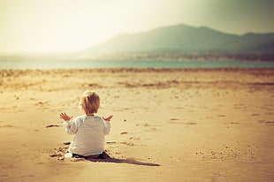 toddler's white long-sleeved shirt, children, baby, beach, sand