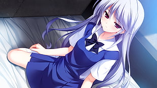 white long haired female Anime character sitting on bed