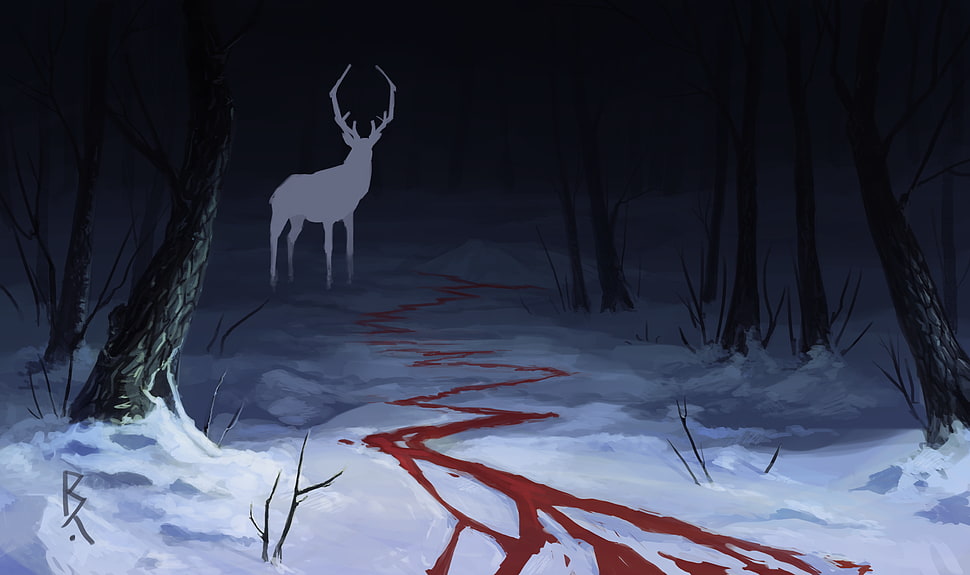 silhouette of deer illustration, fantasy art, deer, blood, forest HD wallpaper