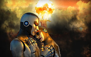 hugging male and female androids digital wallpaper