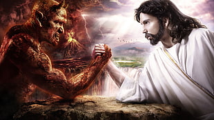 Jesus vs Satan digital wallpaper, arm wrestling, devils, Jesus Christ