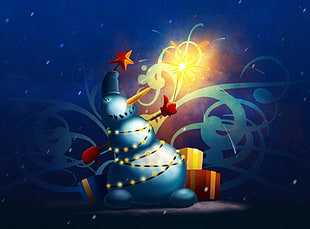 snowman holding firework illustration HD wallpaper