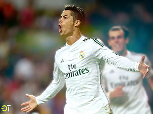 white soccer jersey, Cristiano Ronaldo, Real Madrid, HDR, open mouth