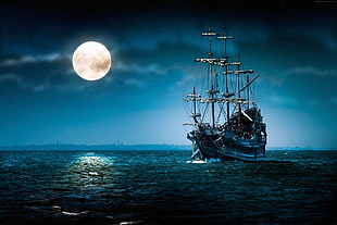 pirate ship under the full moon digital wall paper