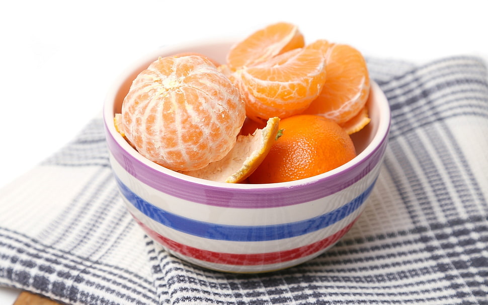 white, red, blue, and purple ceramic bowl, food, bowls, Clementine, fruit HD wallpaper