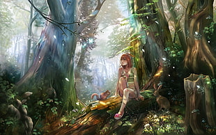 anime girls, forest, nature, fantasy art HD wallpaper