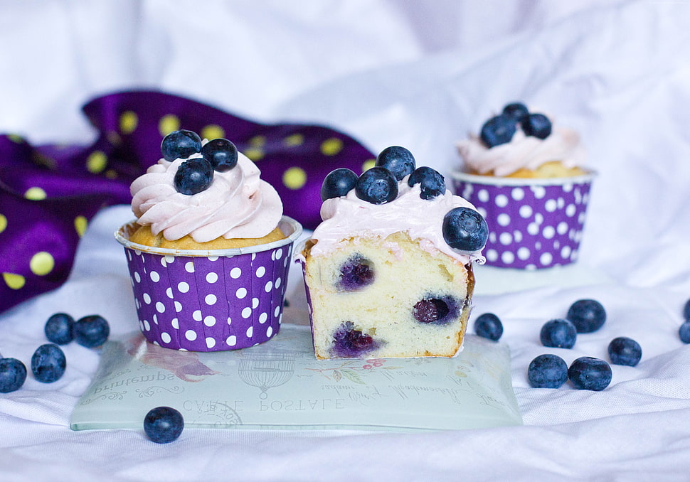three cupcakes with blue berry toppings HD wallpaper