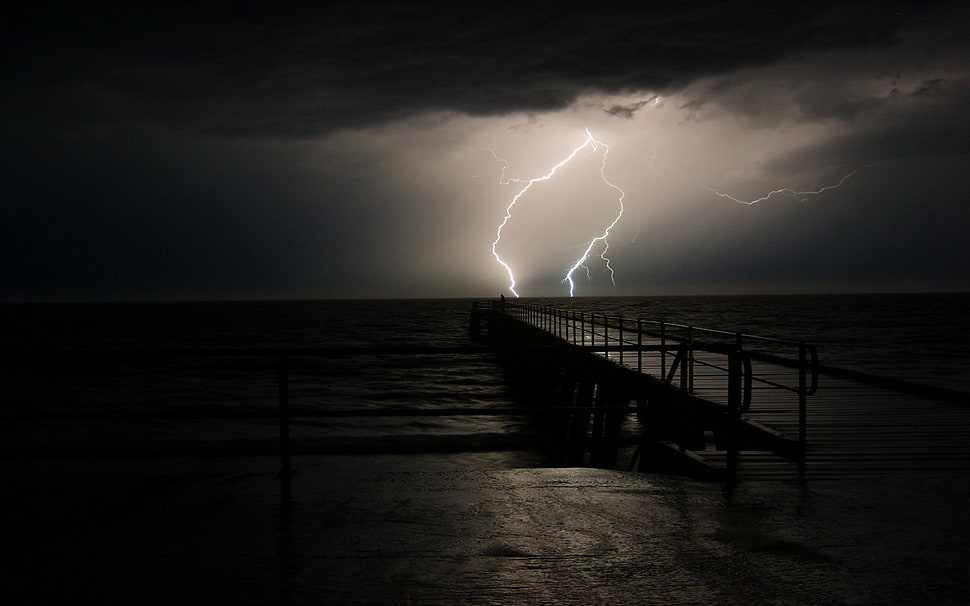 white lightnings, nature, sea, sky, storm HD wallpaper