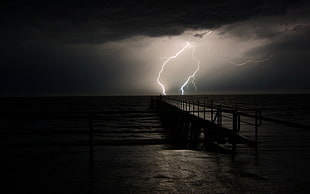 white lightnings, nature, sea, sky, storm