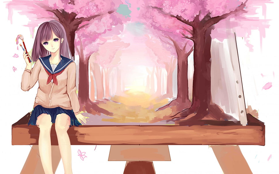 female animated character sitting on bench with tress painting HD wallpaper