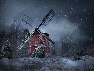 white and red windmill, photography, nature, landscape, winter