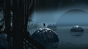 person standing on floating ball digital wallpaper, Portal (game), Portal 2, video games, concept art HD wallpaper