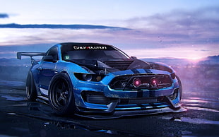 blue racing car, sports car, Ford Mustang Shelby, Ford Mustang