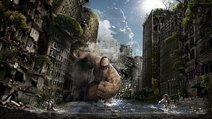 monster between buildings illustration, Alexander Koshelkov, digital art, science fiction, giant