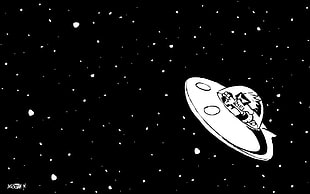 white UFO illustration, minimalism, Calvin and Hobbes, Spaceman Spiff, black