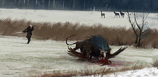 man slaying beast painting, The Witcher, The Witcher 3: Wild Hunt HD wallpaper