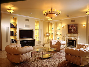 tufted brown sofa set, living rooms, interior, interior design HD wallpaper