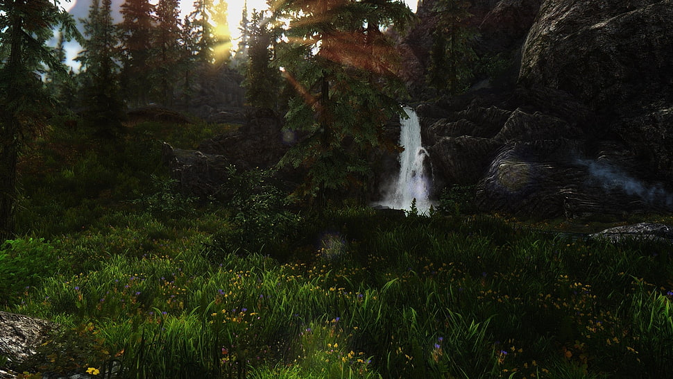 waterfalls, The Elder Scrolls V: Skyrim, forest, video games HD wallpaper