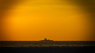 yellow and orange sunset, sea, ship, horizon, beach