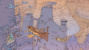 brown sailing ship painting, Mœbius, airships, birds, fantasy city