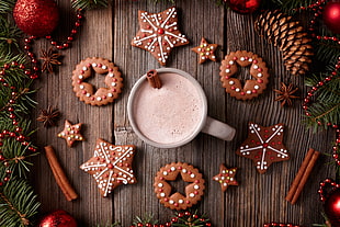 white ceramic mug, Christmas, New Year, cookies