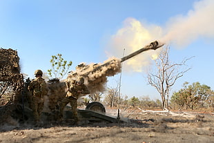 bare tree, M777 howitzer, weapon, military