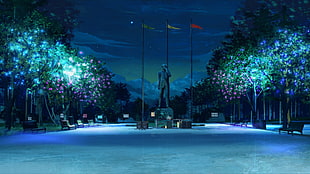 statue of man, ArseniXC, Everlasting Summer, night, trees HD wallpaper