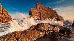 brown rock formation, nature, sea, rock, water HD wallpaper