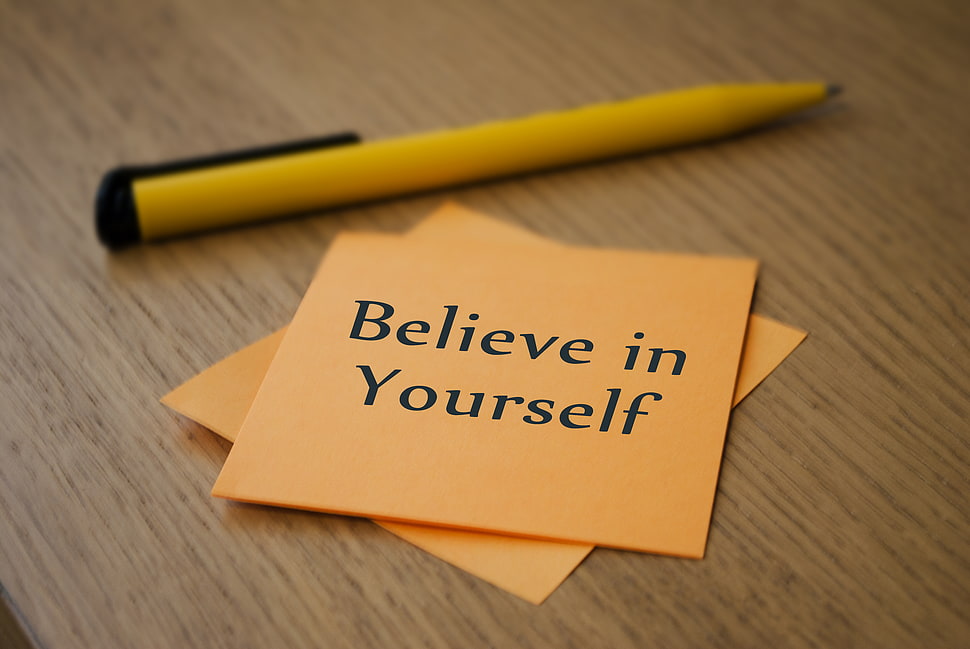 orange sticky note with Believe in Yourself text HD wallpaper