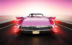 red and black car bed frame, Cadillac, car, road, pink