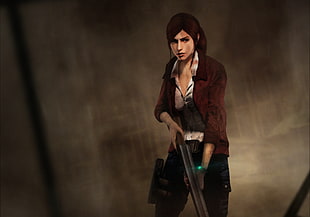 woman in red jacket holding gun character HD wallpaper