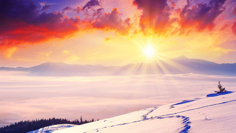 snow covered mountain and white clouds, landscape, winter, sunset, snow HD wallpaper