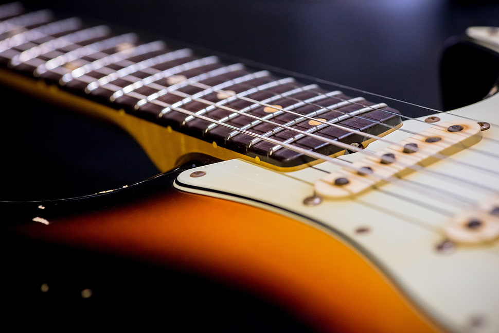 black, orange, and white stratocaster HD wallpaper