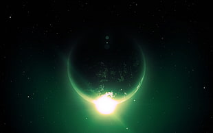 eclipse wallpaper, green, planet, stars, space