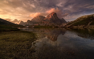 mountain digital wallpaper, sunset, summer, Dolomites (mountains), lake HD wallpaper