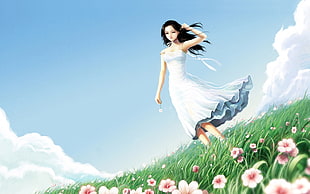 female anime character wearing maxi dress illustration