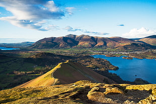 aerial view of green mountains near body of water, cat, skiddaw