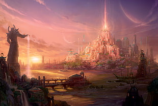 castle and statues wallpaper, World of Warcraft, fantasy art, video games