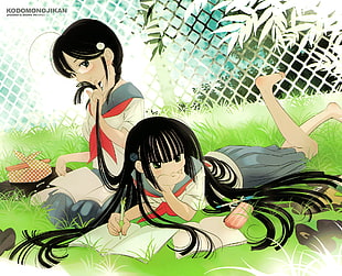 girl in white, red, and gray school uniform lying on green grass anime character digital wallpaper