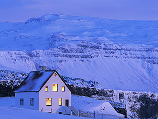 House,  White,  Snow,  Mountains