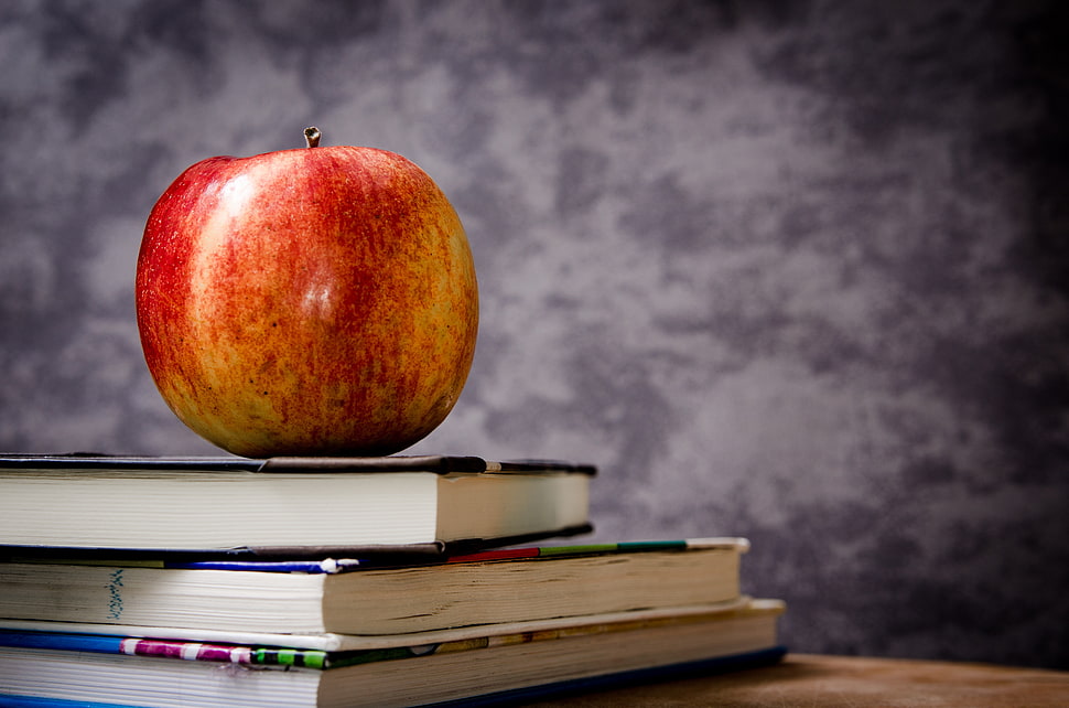 red apple on books HD wallpaper