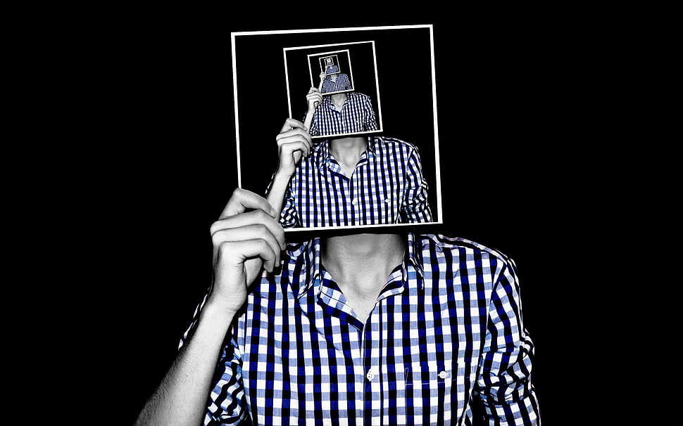 men's black and white dress shirt, creativity, photo manipulation, men, checkered HD wallpaper