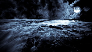 timelapse photography of rippling body of water at nighttime digital wallpaper, sea, Moon, clouds