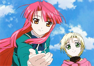 two pink and yellow haired anime character with sky background wallpaper